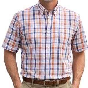 Orvis Wrinkle-Free Plaid Button-Down Shirt Men's L Orange Blue Short Sleeve